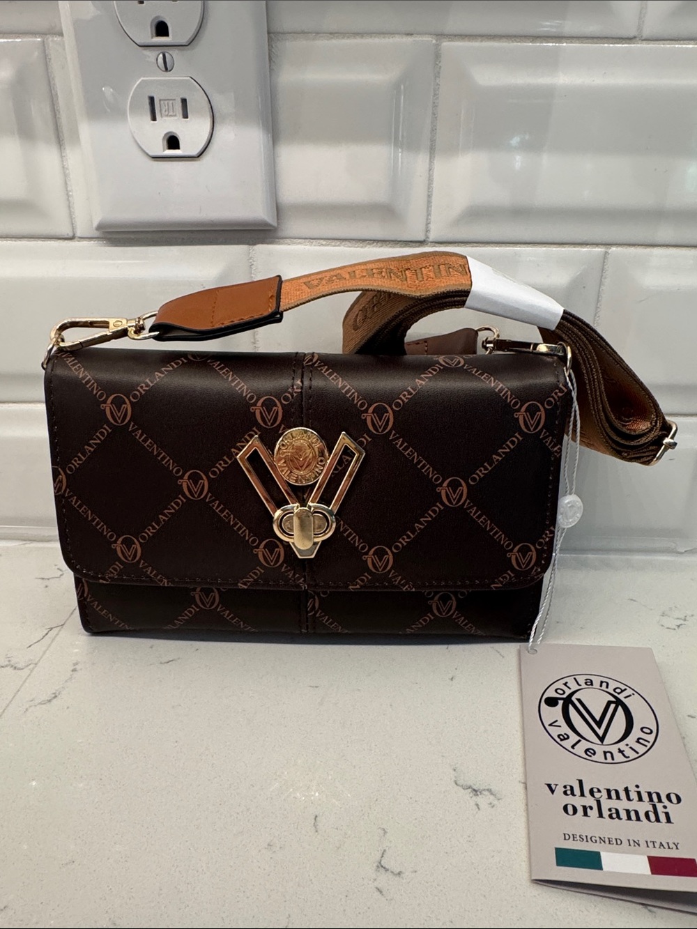 Valentino Orlandi Dark Brown Monogram Crossbody with Gold Accent